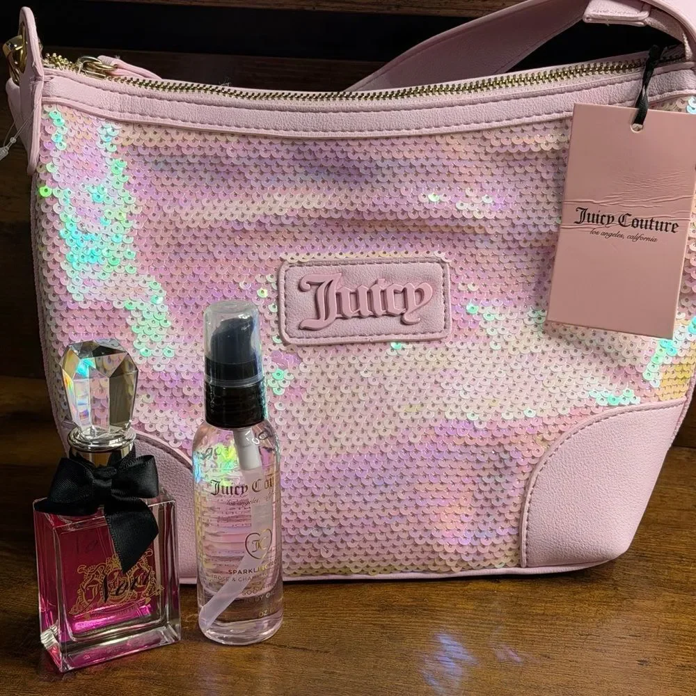 Juicy Couture Sequin Hobo Bag + Viva La Juicy Noir 30ml & Sparkling Rose Oil NWT